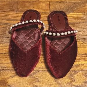 Torrid wine red velvet slides with pearl detail